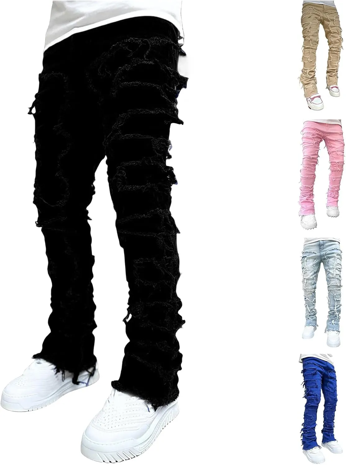 Mens Slim Fit Stretch Jeans Distressed Patchwork Stacked Frayed Skinny Denim Pants Straight Leg Trouser