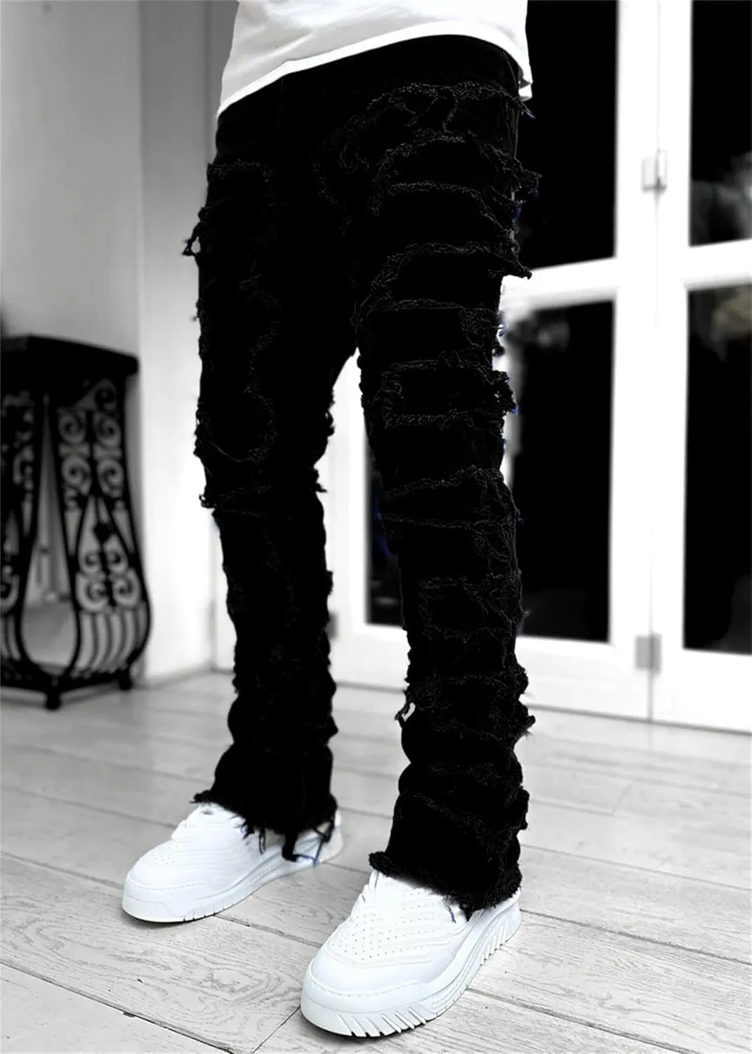 Mens Slim Fit Stretch Jeans Distressed Patchwork Stacked Frayed Skinny Denim Pants Straight Leg Trouser