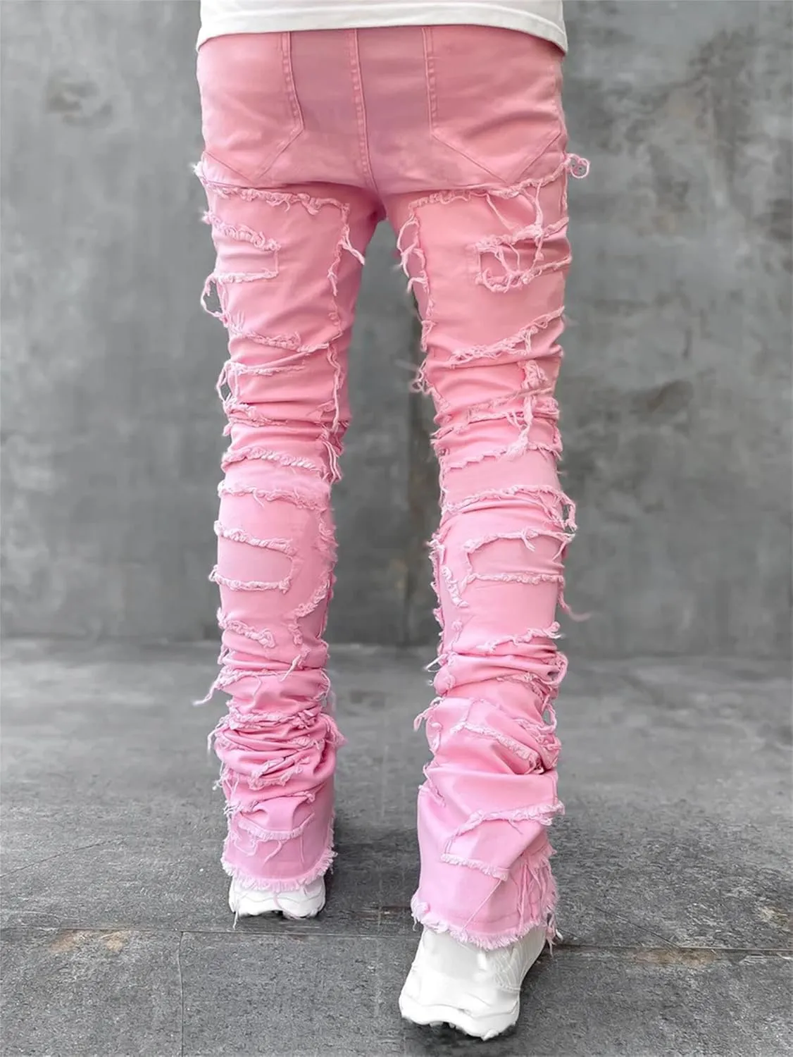 Mens Slim Fit Stretch Jeans Distressed Patchwork Stacked Frayed Skinny Denim Pants Straight Leg Trouser