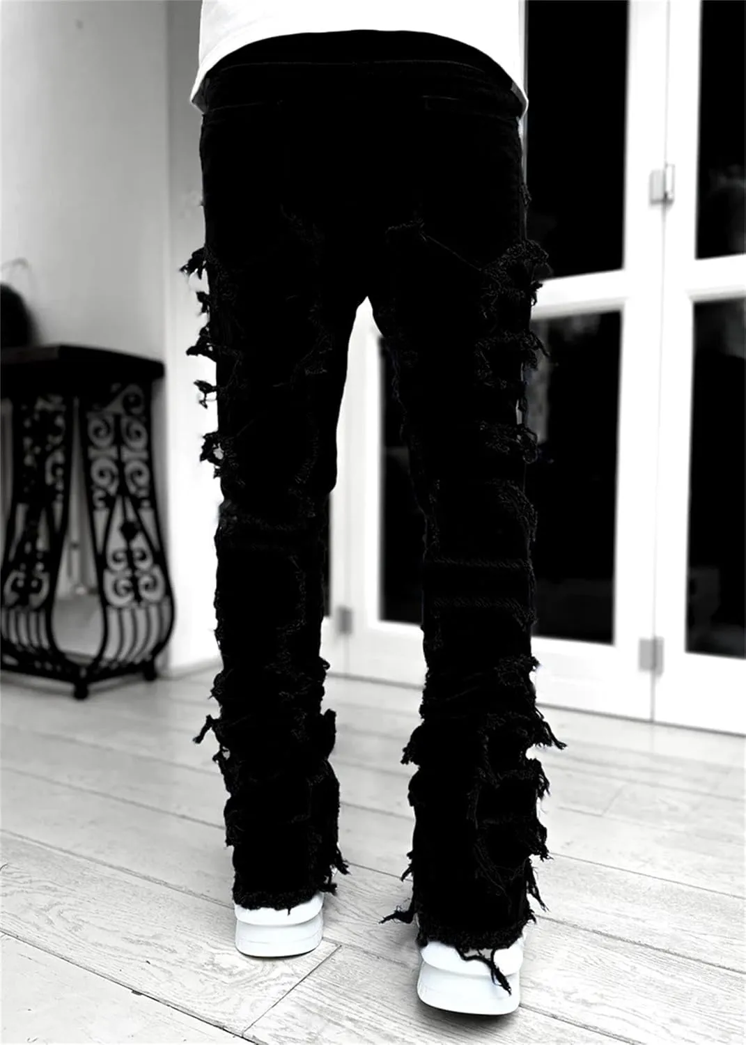Mens Slim Fit Stretch Jeans Distressed Patchwork Stacked Frayed Skinny Denim Pants Straight Leg Trouser