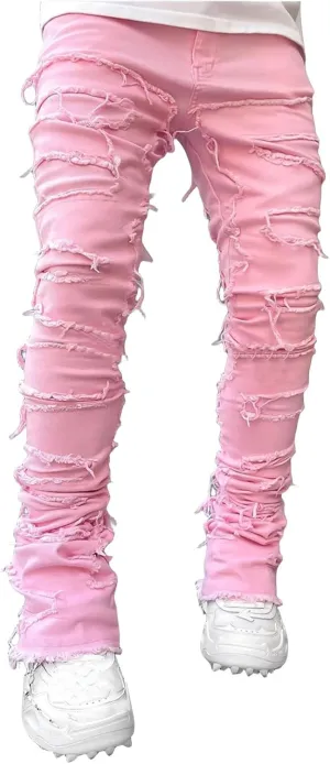 Mens Slim Fit Stretch Jeans Distressed Patchwork Stacked Frayed Skinny Denim Pants Straight Leg Trouser