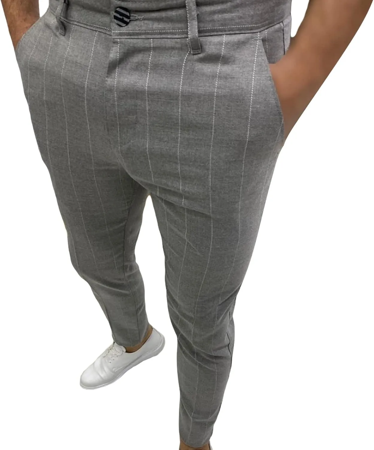 Men's Stripe Printed Dress Pants Classic Flat Front Tapered Chino Pants Lightweight Bussiness Stretch Trousers