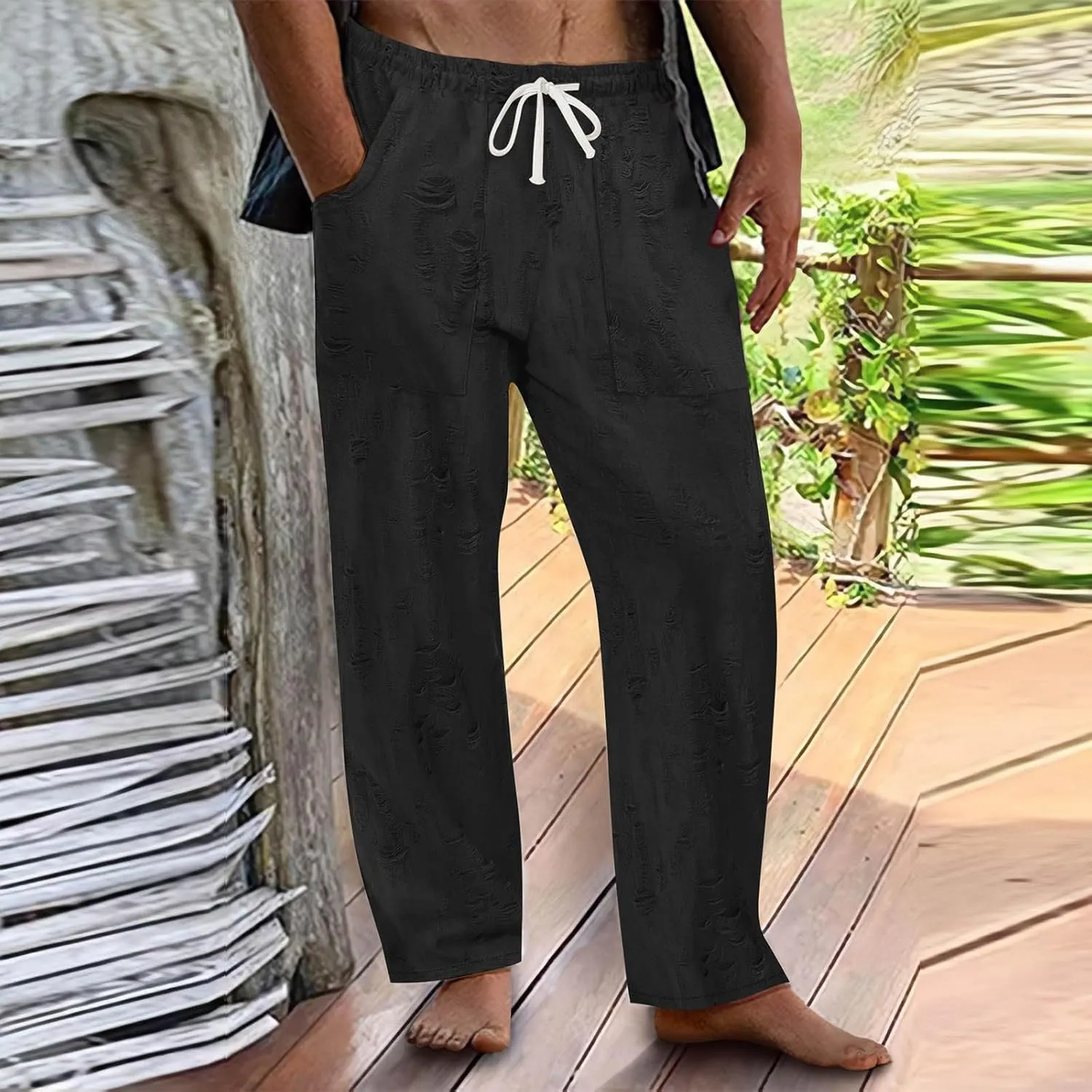 Mens Summer Casual Pants Fashion Ripped Distressed Hip Hop Streetwear Elastic Waist Loose Fit Trousers with Pockets