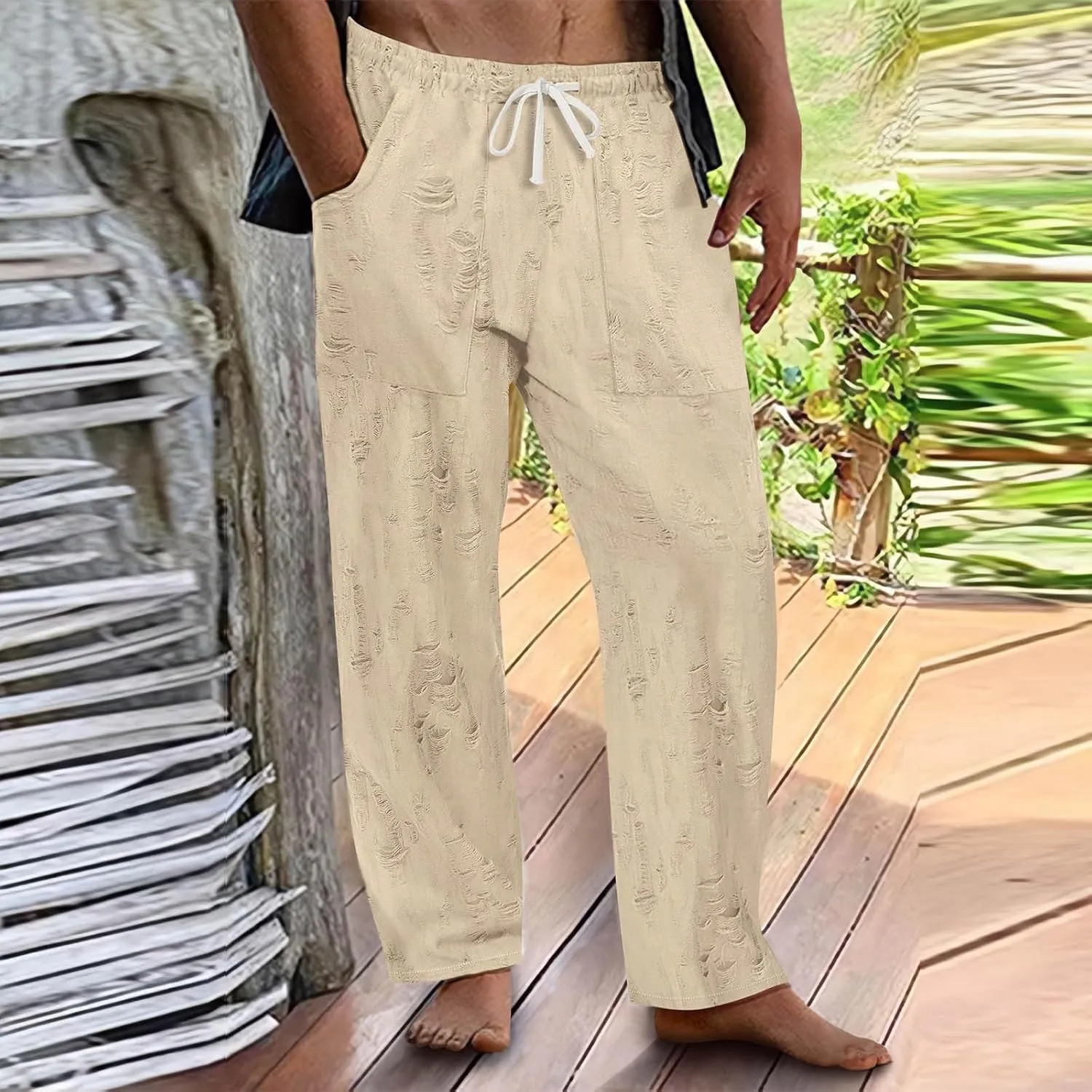 Mens Summer Casual Pants Fashion Ripped Distressed Hip Hop Streetwear Elastic Waist Loose Fit Trousers with Pockets