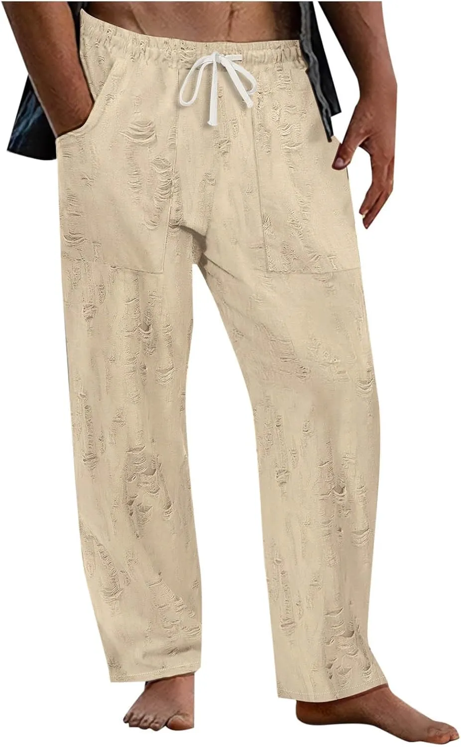 Mens Summer Casual Pants Fashion Ripped Distressed Hip Hop Streetwear Elastic Waist Loose Fit Trousers with Pockets