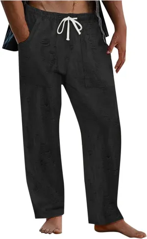 Mens Summer Casual Pants Fashion Ripped Distressed Hip Hop Streetwear Elastic Waist Loose Fit Trousers with Pockets