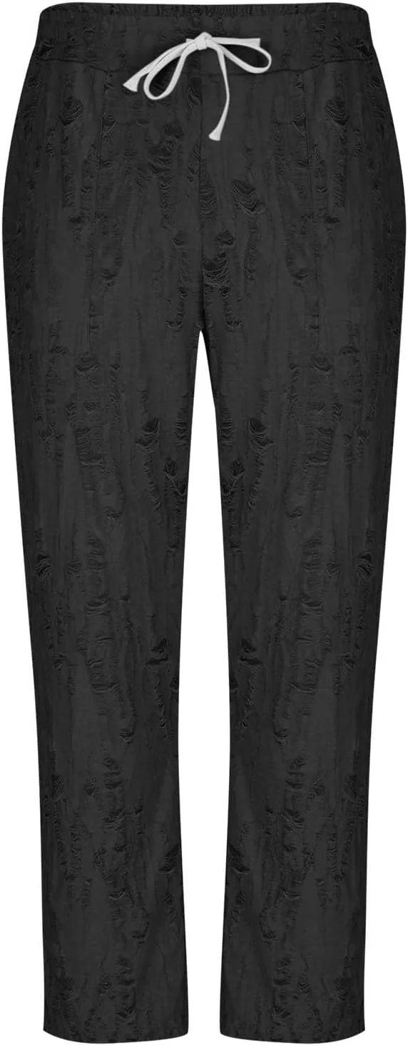 Mens Summer Casual Pants Fashion Ripped Distressed Hip Hop Streetwear Elastic Waist Loose Fit Trousers with Pockets
