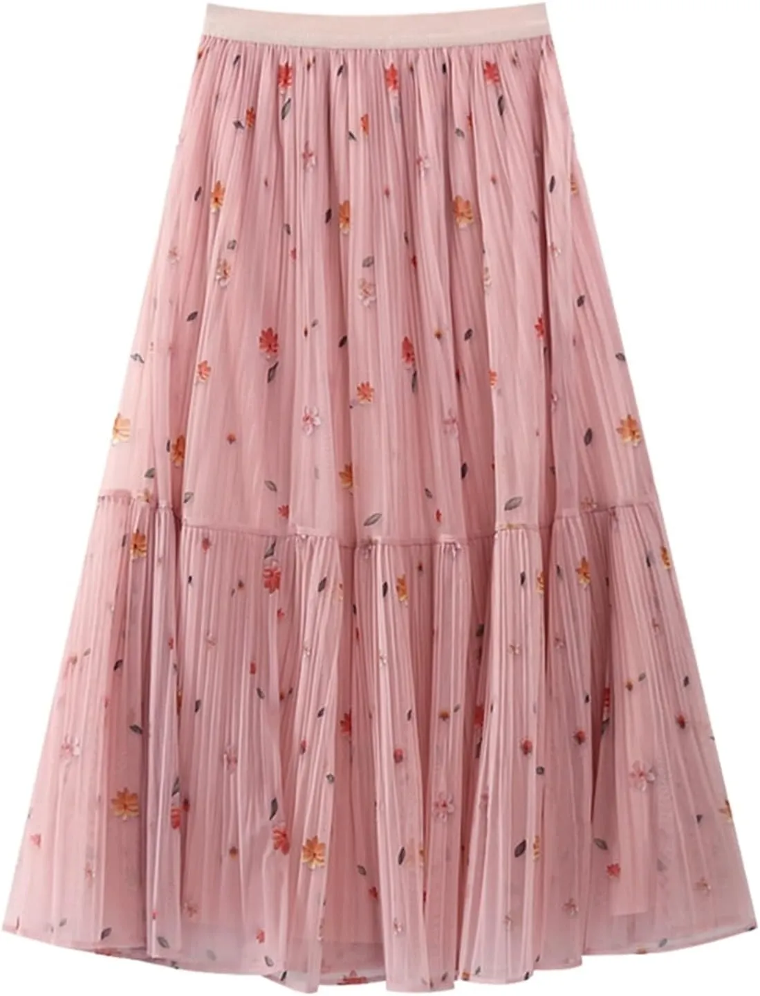 Mesh Fairy Skirt for Women Elegant Flowy Skirts Floral Print Shirring Pleated Tulle Midi Skirts