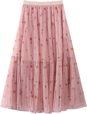 Mesh Fairy Skirt for Women Elegant Flowy Skirts Floral Print Shirring Pleated Tulle Midi Skirts