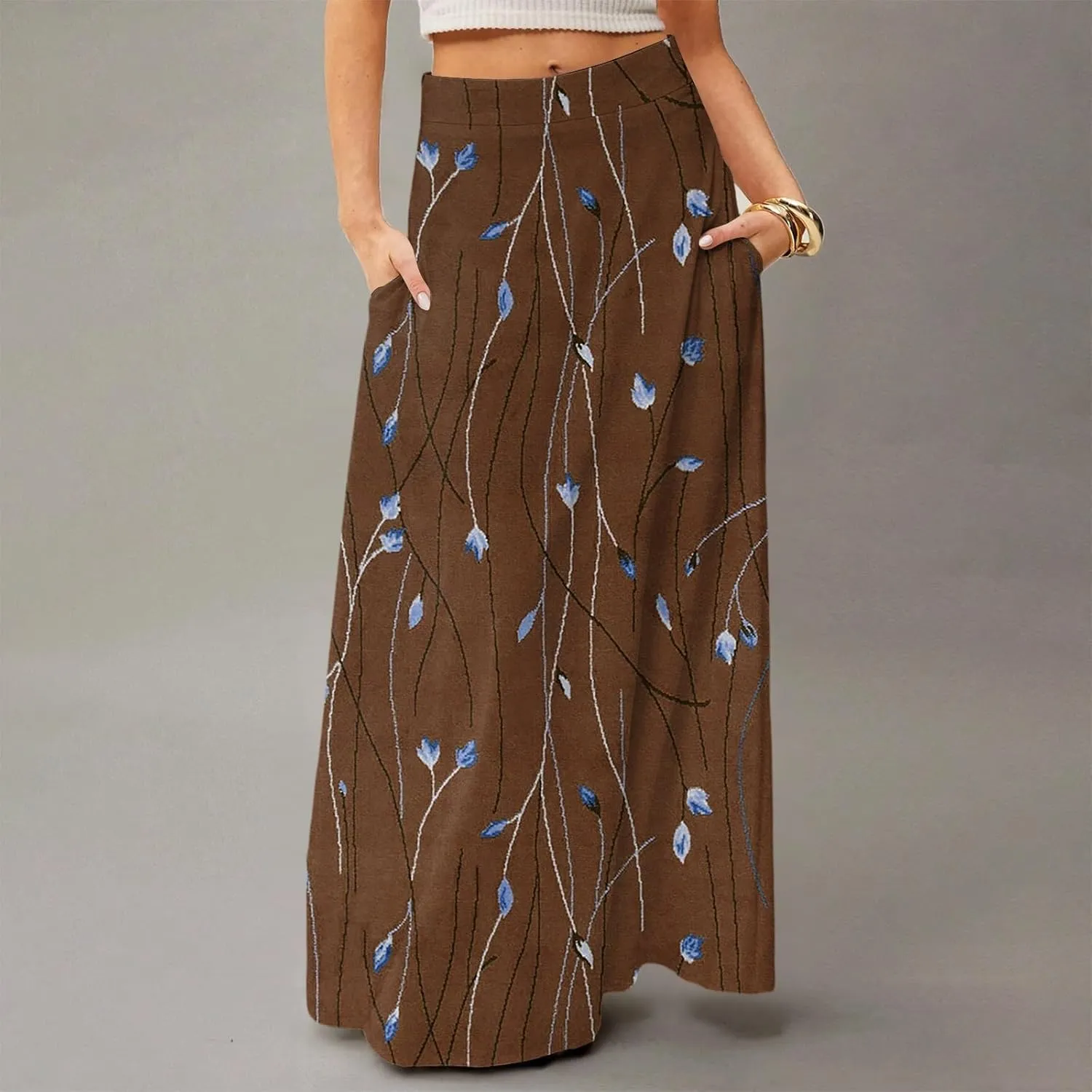 Midi Skirts for Women Summer High Waisted Pleated A-Line Swing Floral Long with Pockets