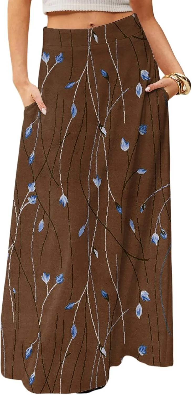 Midi Skirts for Women Summer High Waisted Pleated A-Line Swing Floral Long with Pockets