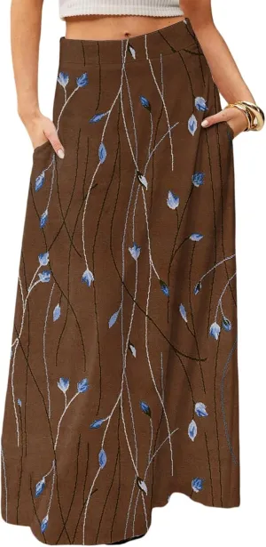Midi Skirts for Women Summer High Waisted Pleated A-Line Swing Floral Long with Pockets