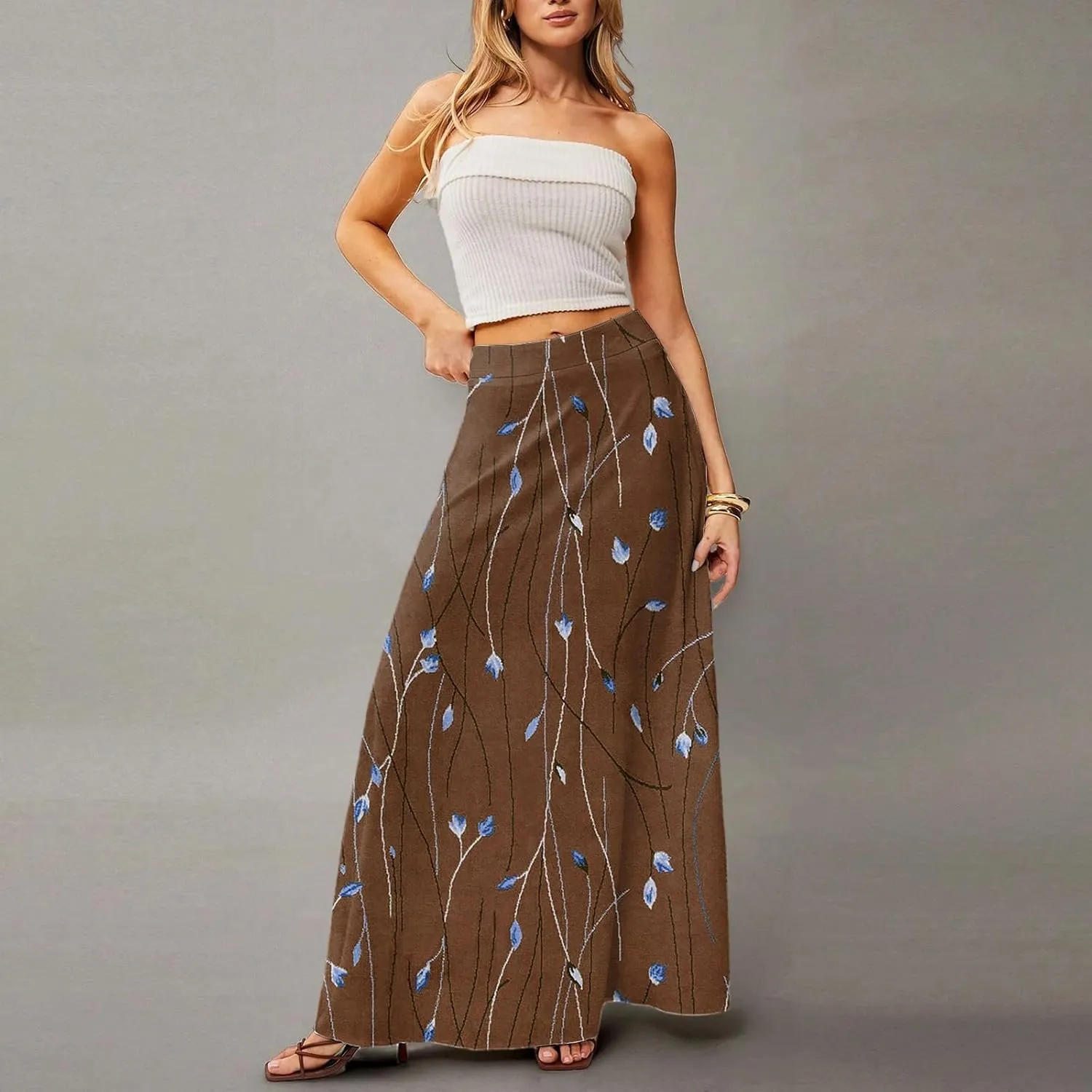 Midi Skirts for Women Summer High Waisted Pleated A-Line Swing Floral Long with Pockets