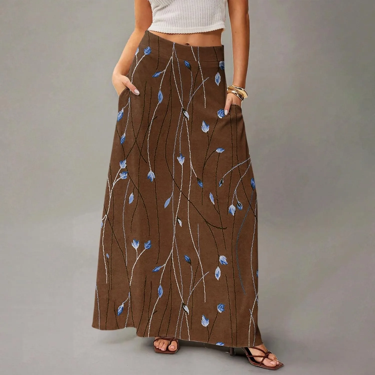 Midi Skirts for Women Summer High Waisted Pleated A-Line Swing Floral Long with Pockets