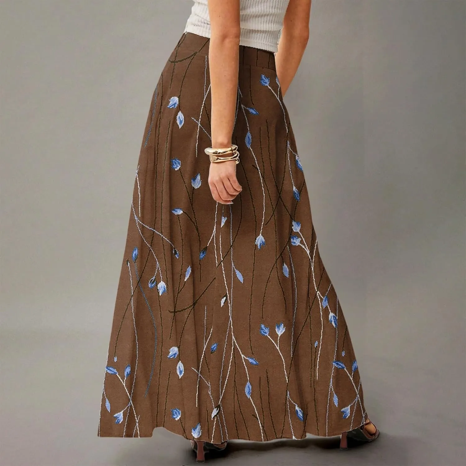 Midi Skirts for Women Summer High Waisted Pleated A-Line Swing Floral Long with Pockets