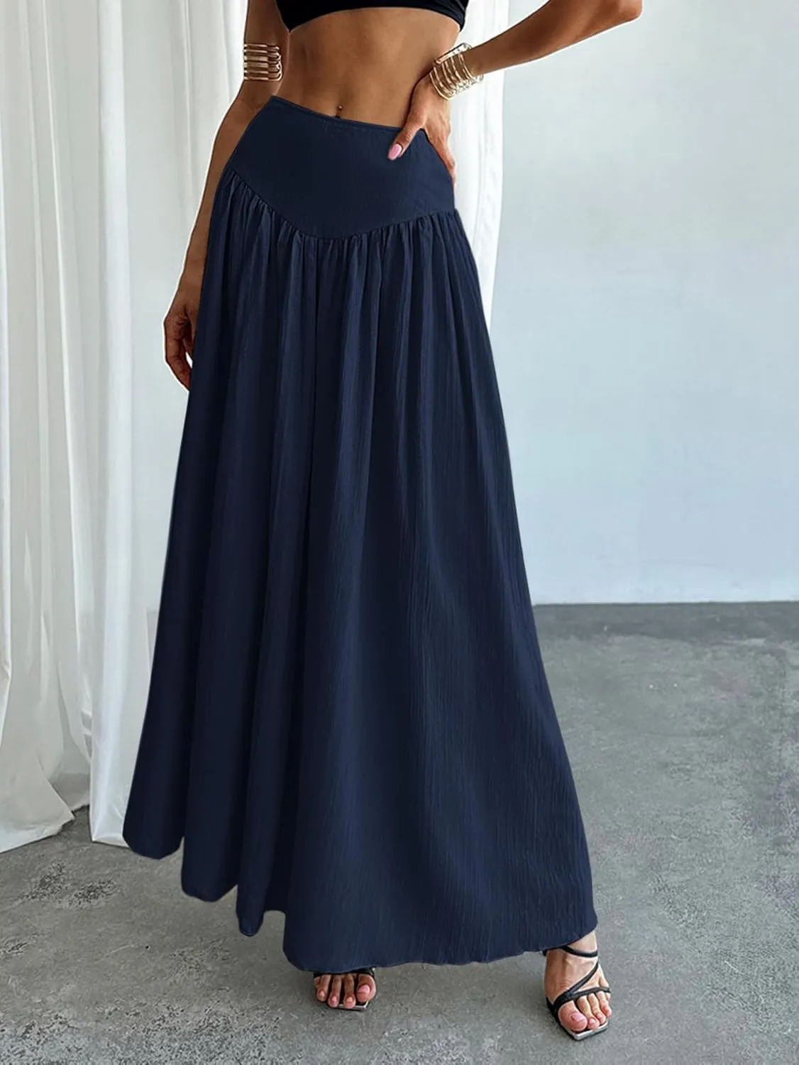 Milumia Women's Pleated Flowy Long Skirts High Waist Maxi Skirt with Pocket
