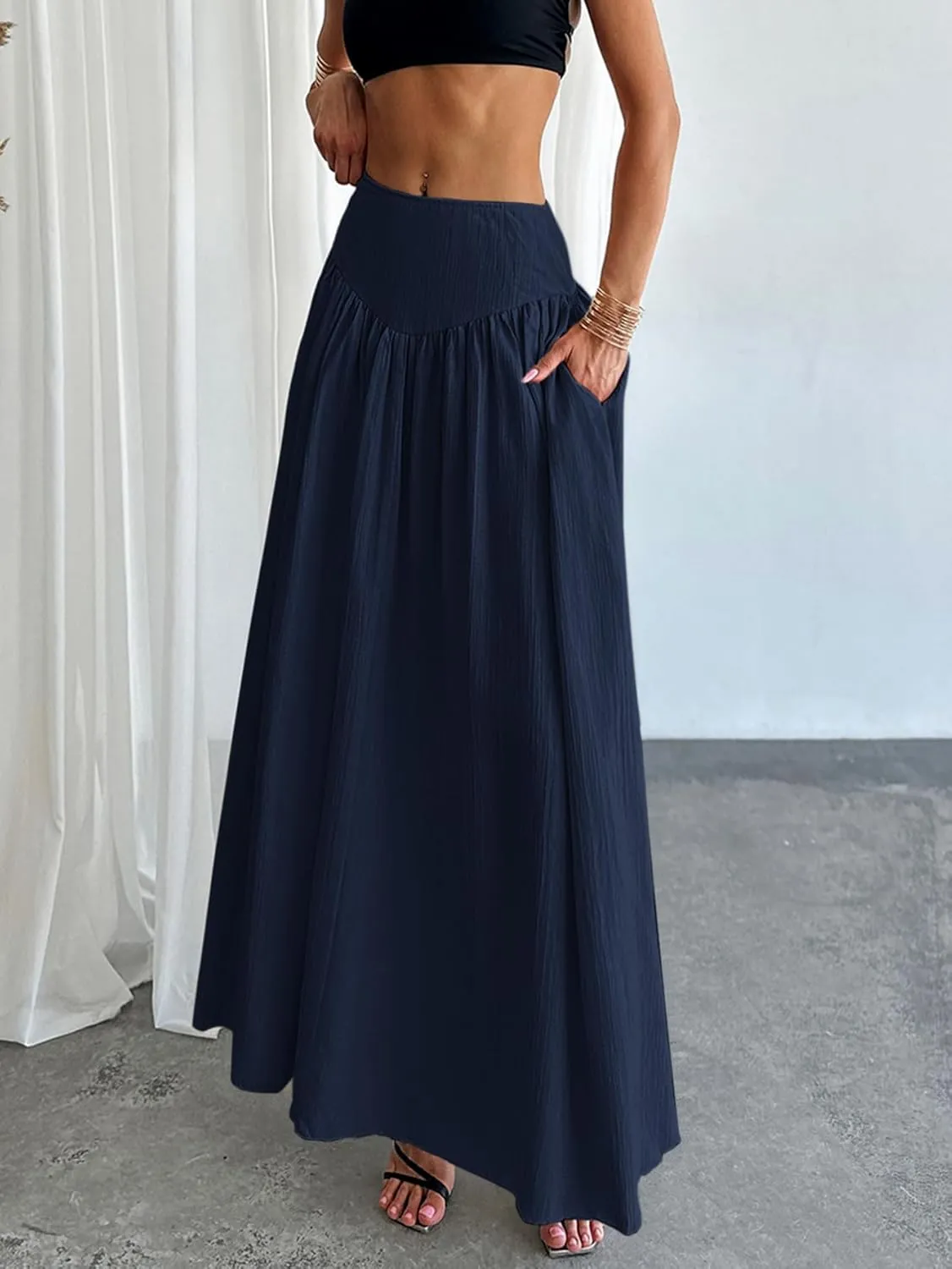 Milumia Women's Pleated Flowy Long Skirts High Waist Maxi Skirt with Pocket