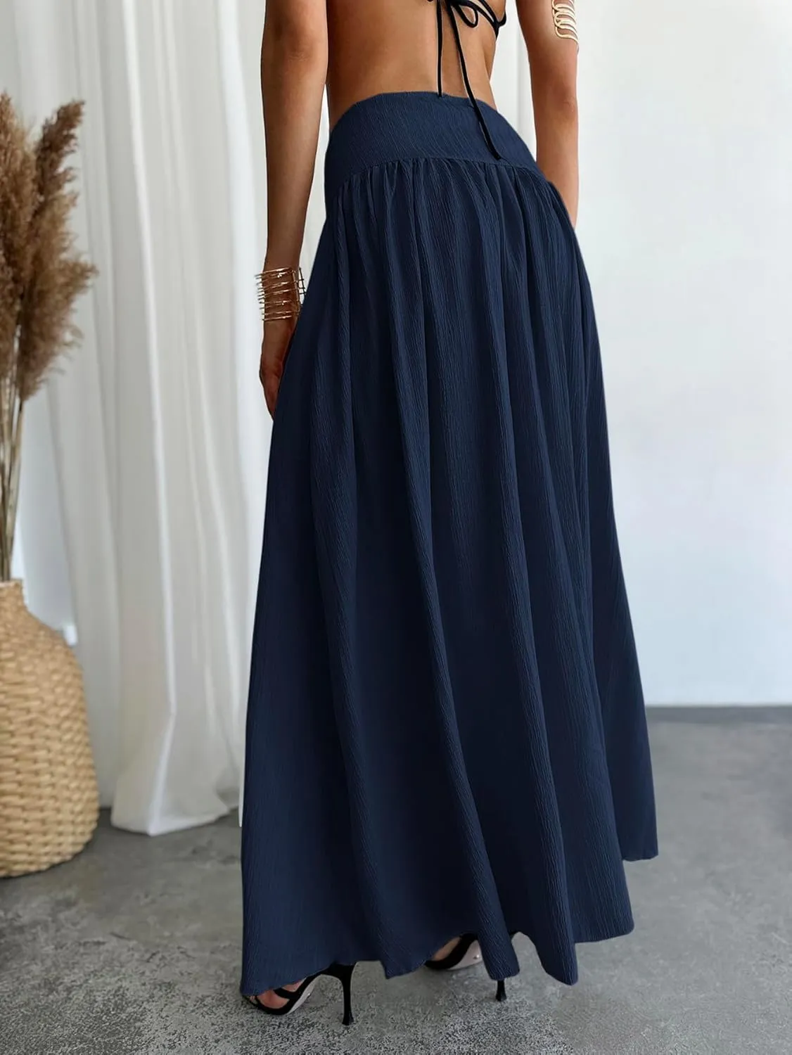 Milumia Women's Pleated Flowy Long Skirts High Waist Maxi Skirt with Pocket