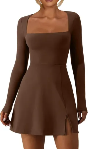 Mini Dresses for Women Square Neck Ruffle Hem Long Sleeve Dress Trendy Solid Color Tie Waisted Club Party Dress