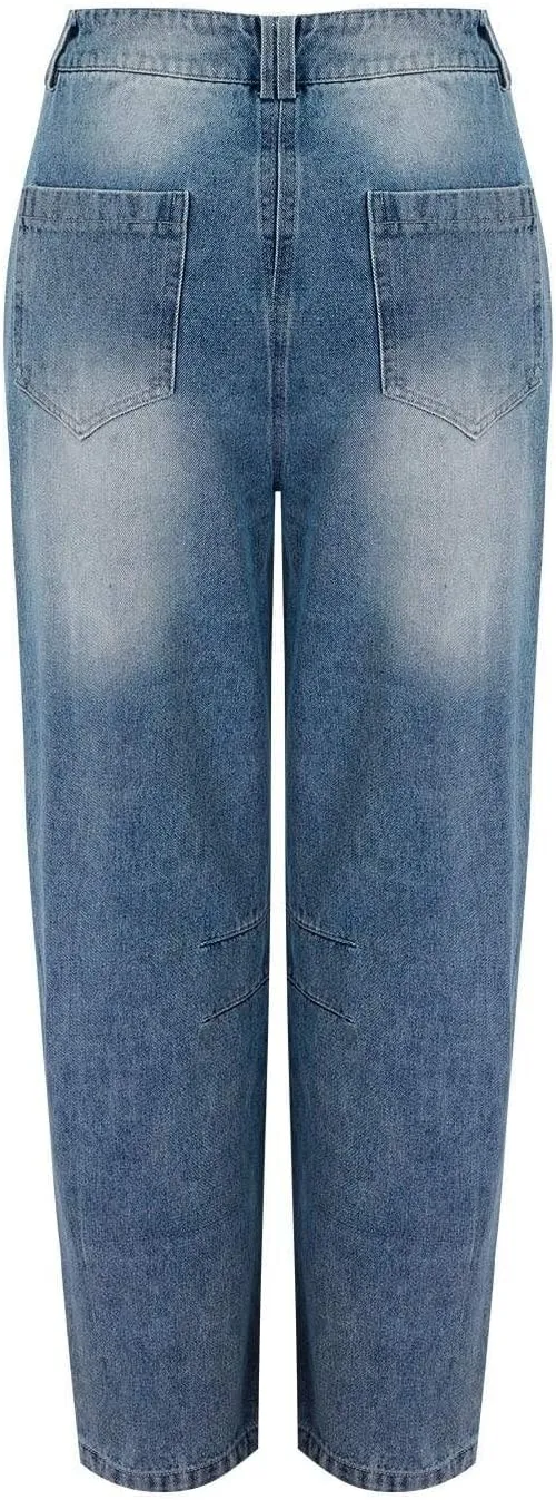 Miyaomn Vintage Barrel Jeans for Women High Waisted Wide Leg Baggy Cropped Harem Pants Y2k Boyfriend Stretch Denim Trousers