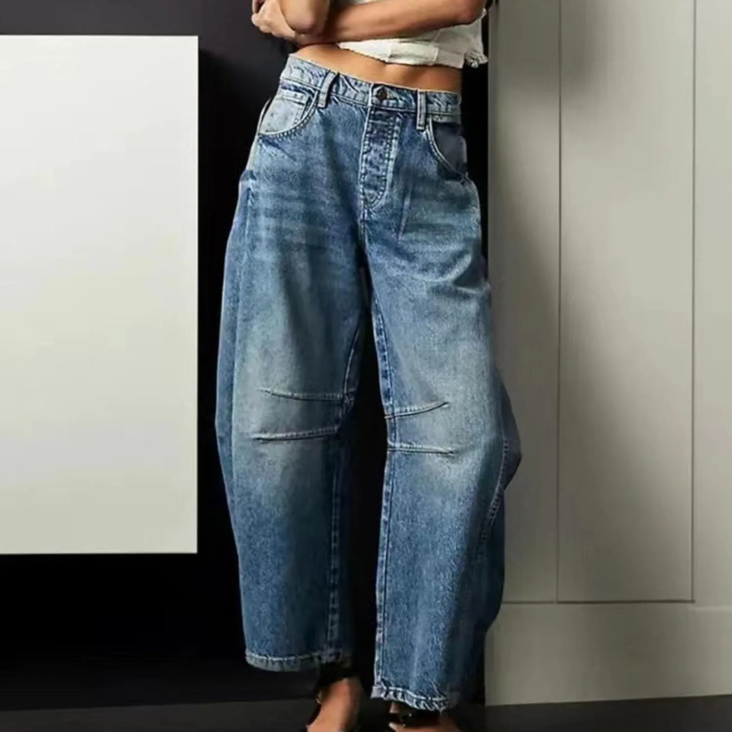 Miyaomn Vintage Barrel Jeans for Women High Waisted Wide Leg Baggy Cropped Harem Pants Y2k Boyfriend Stretch Denim Trousers