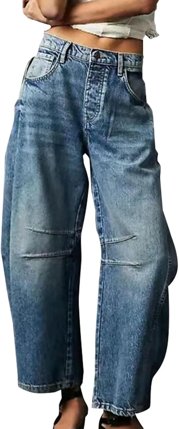 Miyaomn Vintage Barrel Jeans for Women High Waisted Wide Leg Baggy Cropped Harem Pants Y2k Boyfriend Stretch Denim Trousers