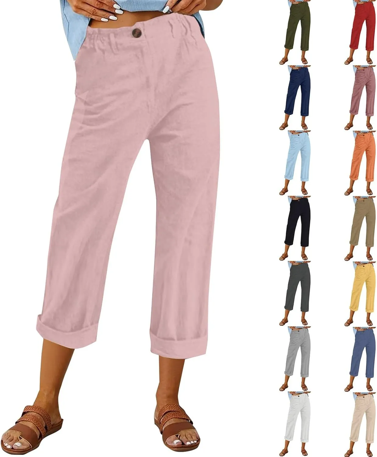 Miyaomn Womens Straight Leg Casual Linen Pants Lightweight Elastic Waist Lounge Pants Cute Summer Beach Trousers with Pockets