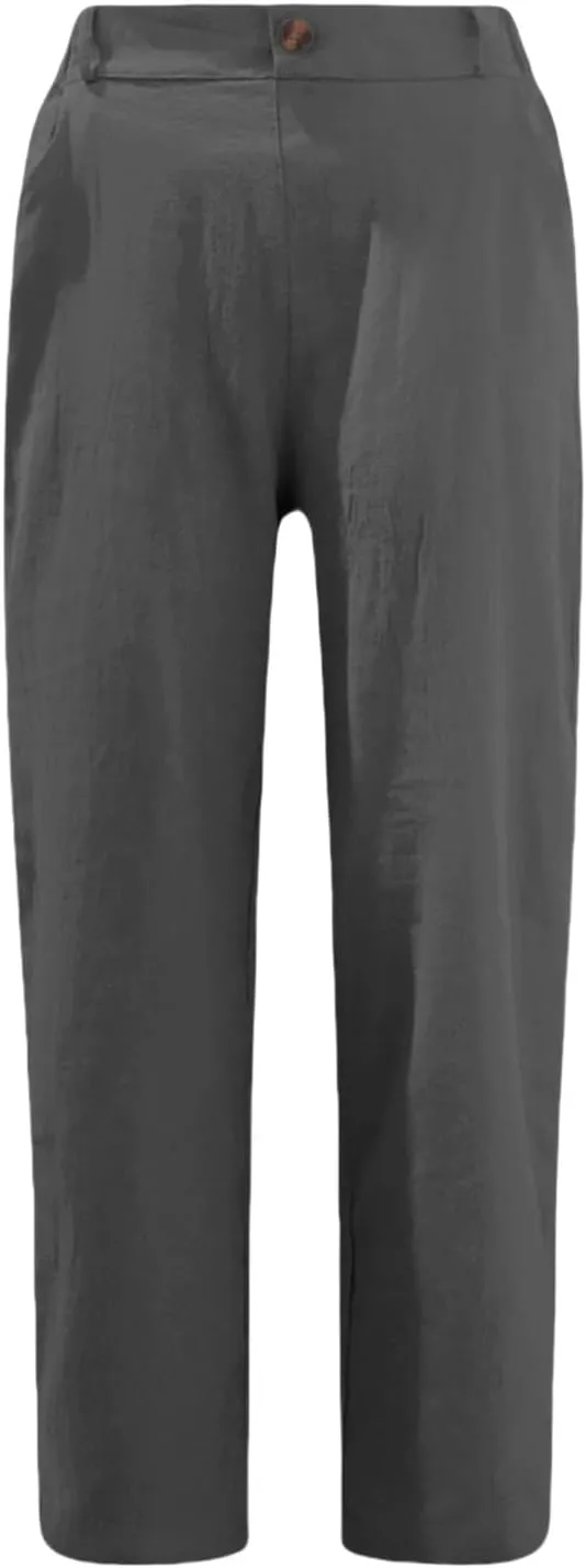 Miyaomn Womens Straight Leg Casual Linen Pants Lightweight Elastic Waist Lounge Pants Cute Summer Beach Trousers with Pockets