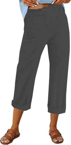 Miyaomn Womens Straight Leg Casual Linen Pants Lightweight Elastic Waist Lounge Pants Cute Summer Beach Trousers with Pockets