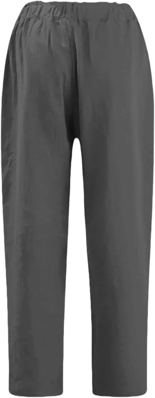 Miyaomn Womens Straight Leg Casual Linen Pants Lightweight Elastic Waist Lounge Pants Cute Summer Beach Trousers with Pockets