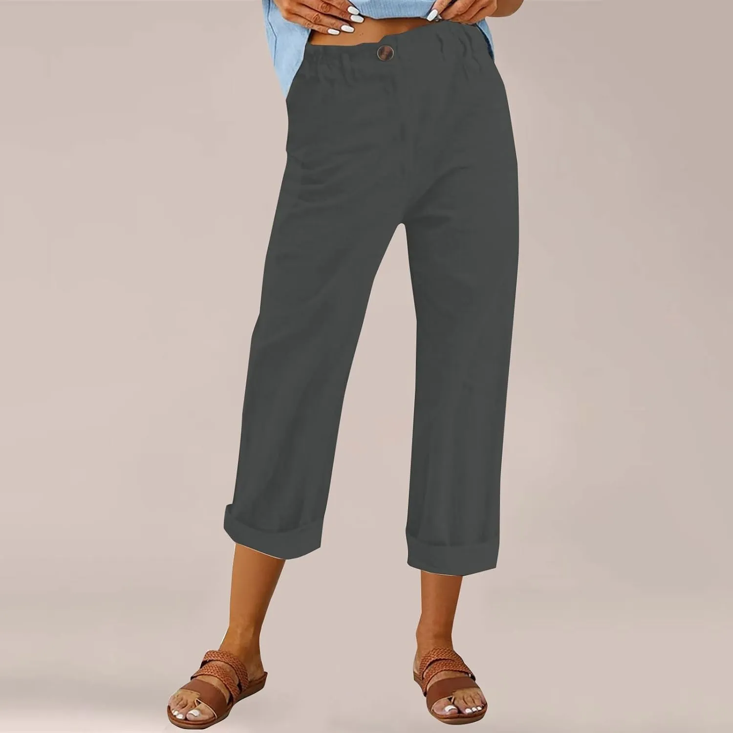 Miyaomn Womens Straight Leg Casual Linen Pants Lightweight Elastic Waist Lounge Pants Cute Summer Beach Trousers with Pockets