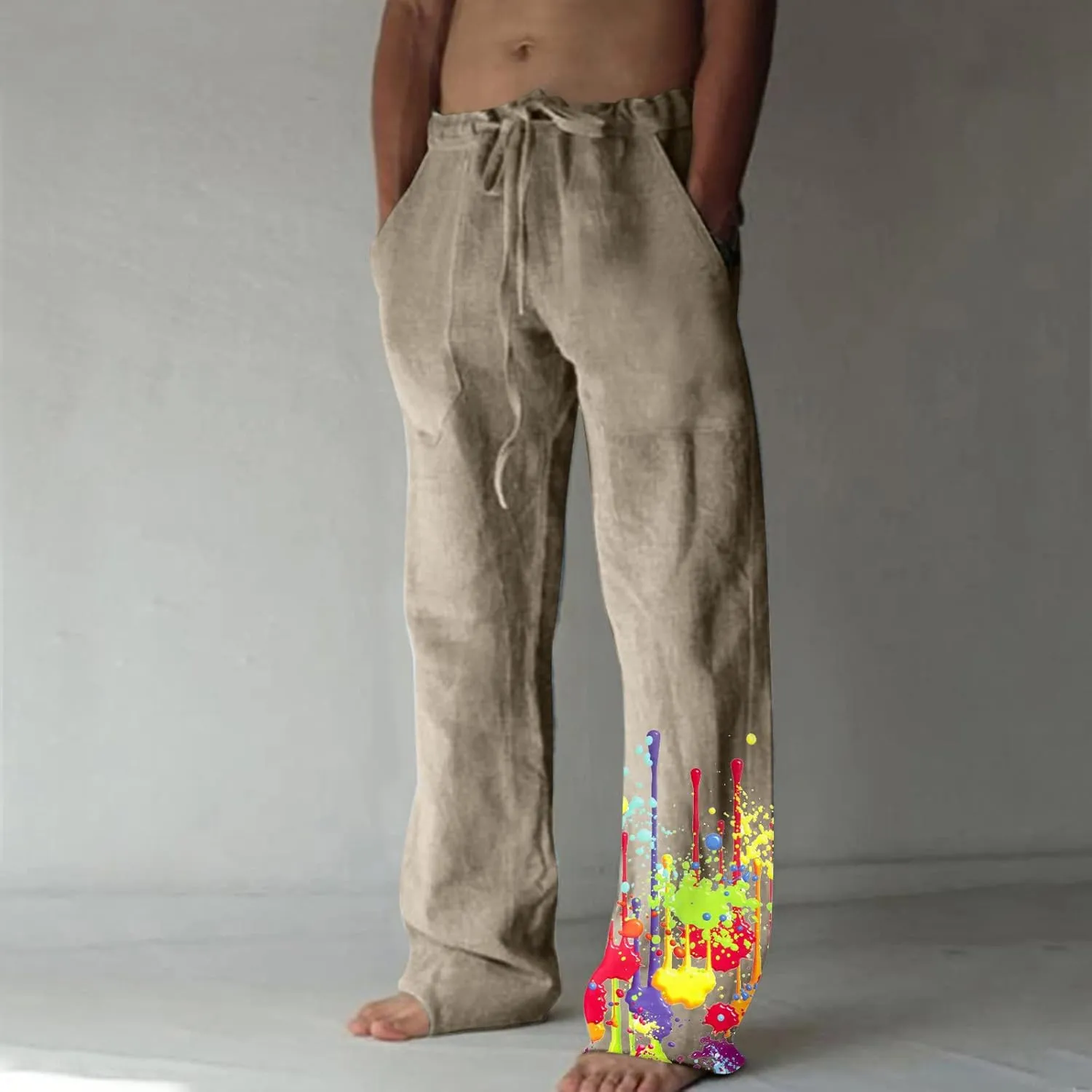Muscularfit Cotton Pants for Men 2023 Casual Loose Drawstring Elastic Waist Solid Trousers Fashion Print Straight Legs Pocket