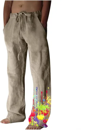 Muscularfit Cotton Pants for Men 2023 Casual Loose Drawstring Elastic Waist Solid Trousers Fashion Print Straight Legs Pocket