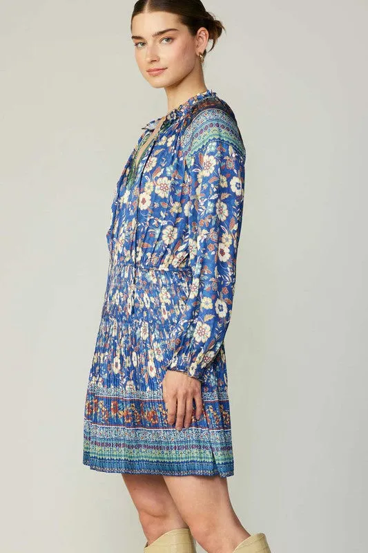 Navy Floral Mlt Border Print Smoked Waist Mini Dress