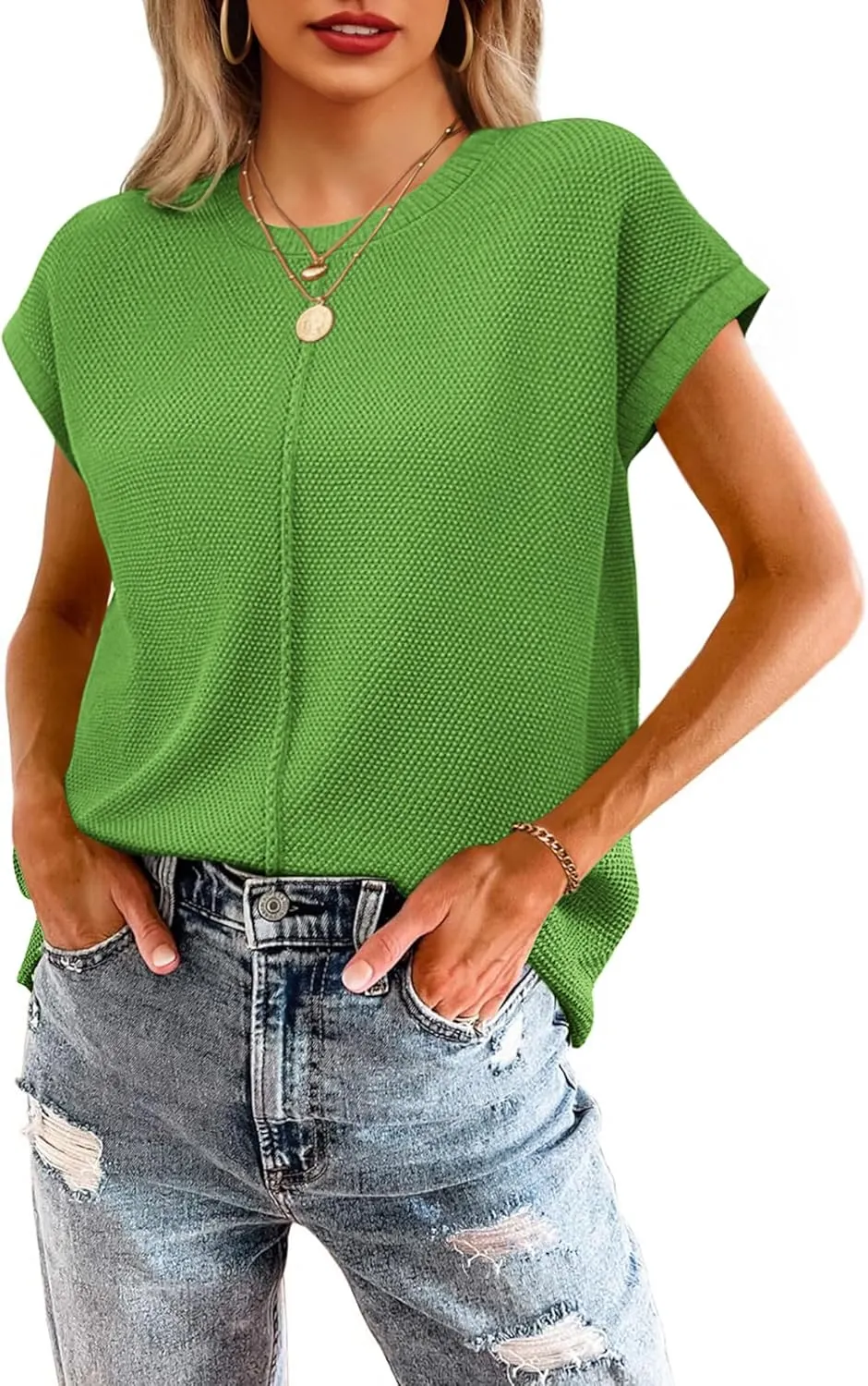 Neweek Womens Summer Cap Sleeve Tops Casual Crew Neck Sleeveless Knit Sweater Vest Loose Fit Lightweight Pullover Tank Tops