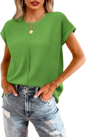 Neweek Womens Summer Cap Sleeve Tops Casual Crew Neck Sleeveless Knit Sweater Vest Loose Fit Lightweight Pullover Tank Tops