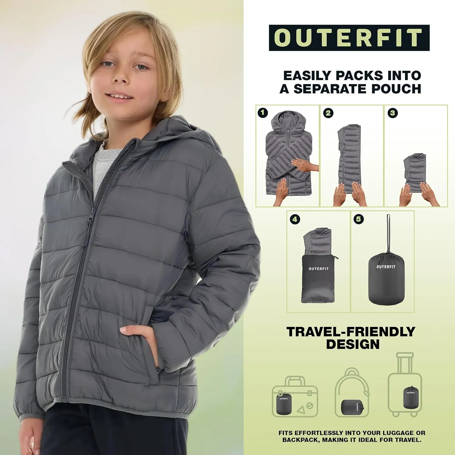 Packable Boys Puffer Jacket with Hood, Lightweight Boys Winter Jacket