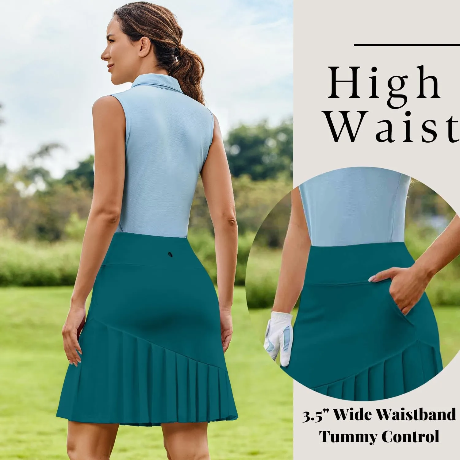 PINSPARK Golf Skirts for Women 20" Knee Length Skorts Pleated Tennis Skirts with Shorts Tummy Control Casual Modest Skirts