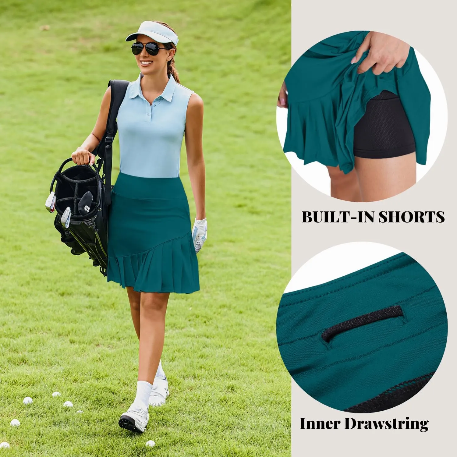 PINSPARK Golf Skirts for Women 20" Knee Length Skorts Pleated Tennis Skirts with Shorts Tummy Control Casual Modest Skirts