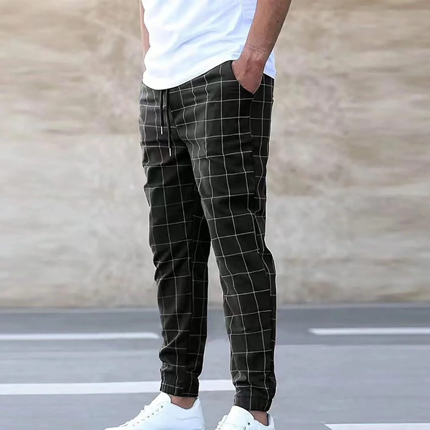 Plaid Dress Pants for Men Linen Casual Pants Lightweight Drawstring Beach Trousers Elastic Waist Cropped Pants