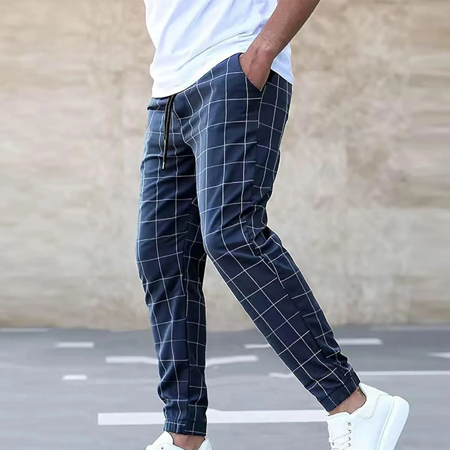 Plaid Dress Pants for Men Linen Casual Pants Lightweight Drawstring Beach Trousers Elastic Waist Cropped Pants