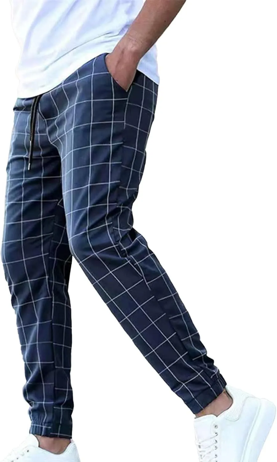 Plaid Dress Pants for Men Linen Casual Pants Lightweight Drawstring Beach Trousers Elastic Waist Cropped Pants