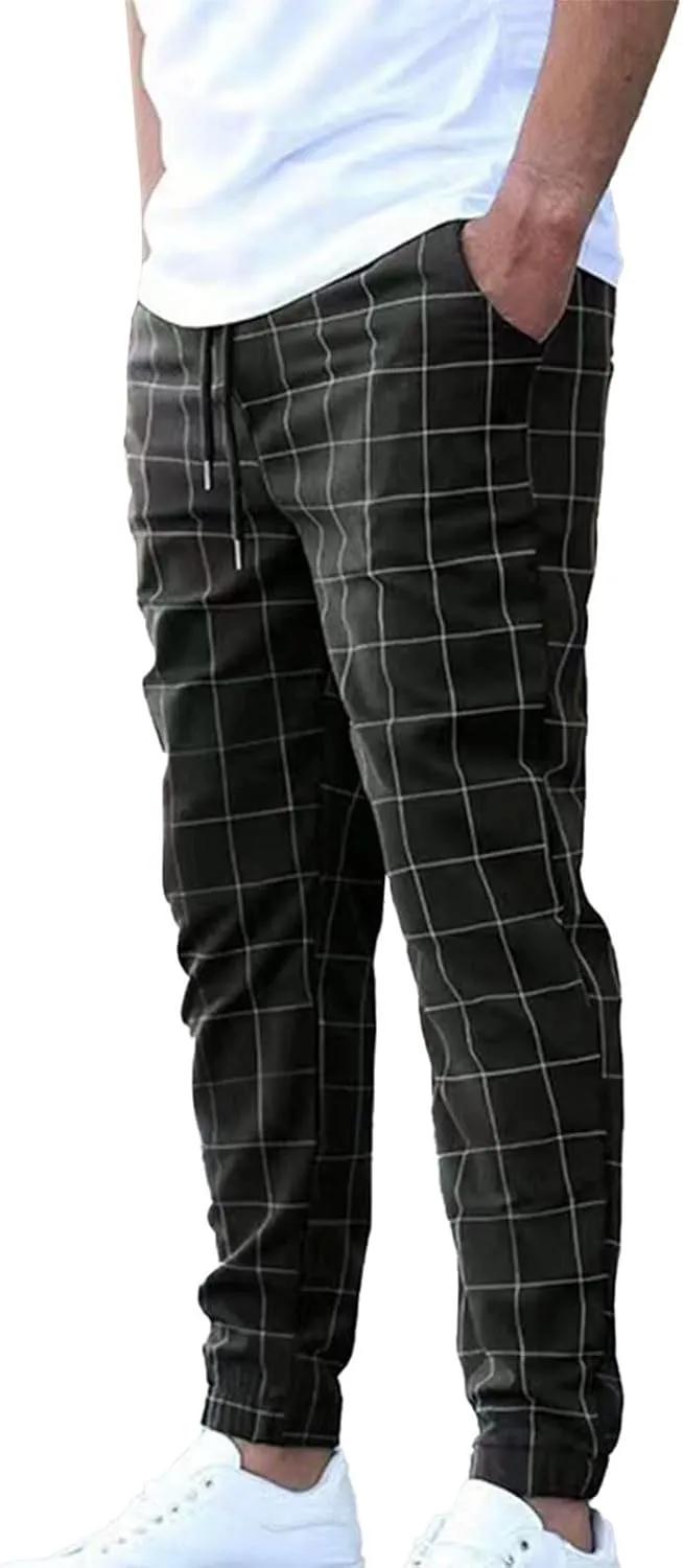 Plaid Dress Pants for Men Linen Casual Pants Lightweight Drawstring Beach Trousers Elastic Waist Cropped Pants