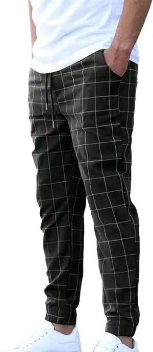 Plaid Dress Pants for Men Linen Casual Pants Lightweight Drawstring Beach Trousers Elastic Waist Cropped Pants
