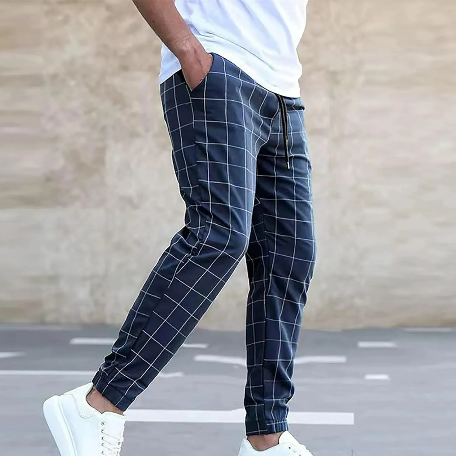 Plaid Dress Pants for Men Linen Casual Pants Lightweight Drawstring Beach Trousers Elastic Waist Cropped Pants