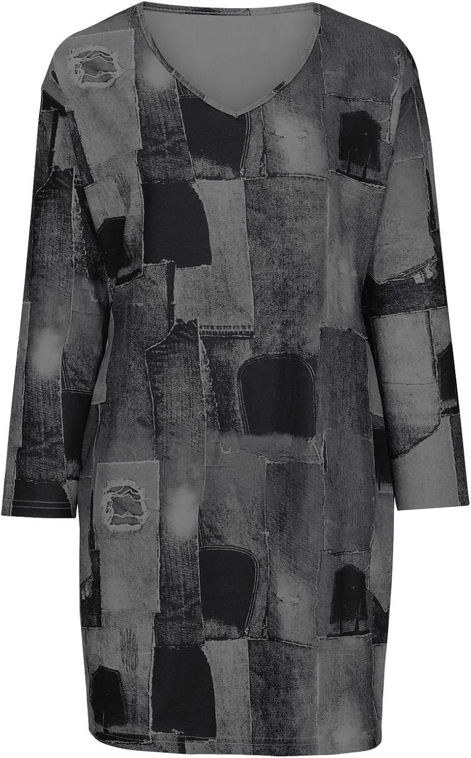 Plus Size Denim Dress for Women Patchwork Long Sleeve V Neck Distressed Jean Shirt Dress Summer Midi A Line Dresses