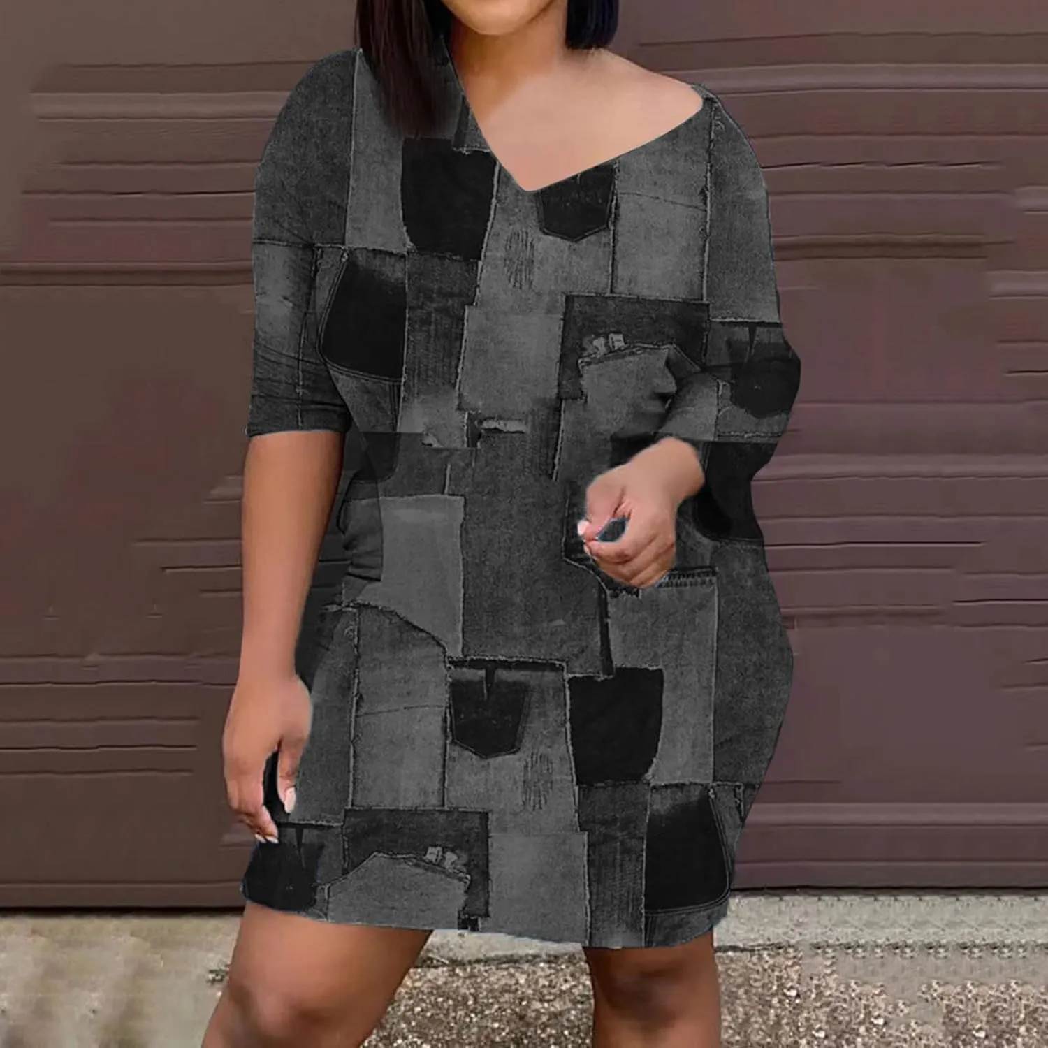 Plus Size Denim Dress for Women Patchwork Long Sleeve V Neck Distressed Jean Shirt Dress Summer Midi A Line Dresses