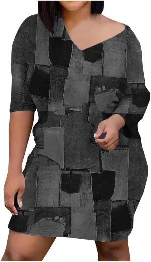 Plus Size Denim Dress for Women Patchwork Long Sleeve V Neck Distressed Jean Shirt Dress Summer Midi A Line Dresses