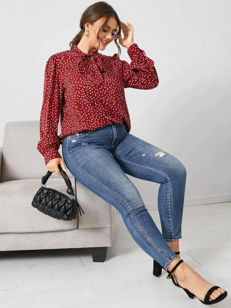 Plus Size Polka Dot Tie-up Design Long Sleeves Blouse