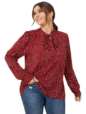 Plus Size Polka Dot Tie-up Design Long Sleeves Blouse